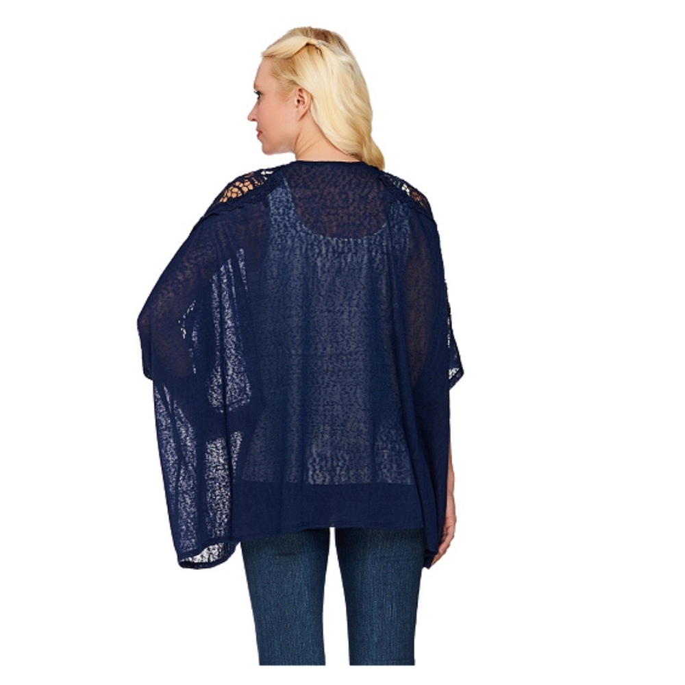 Tashon Navy Blue Lace Shoulder Kimono Open Front Cardigan Shrug Bolero Missy OS - Picture 2 of 7